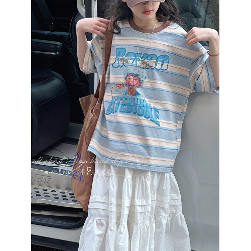 孫小美kids 復古美式條紋女童短袖T恤兒童夏裝上衣2025新款韓系潮