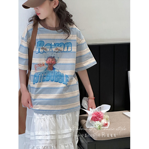 孫小美kids 復古美式條紋女童短袖T恤兒童夏裝上衣2025新款韓系潮