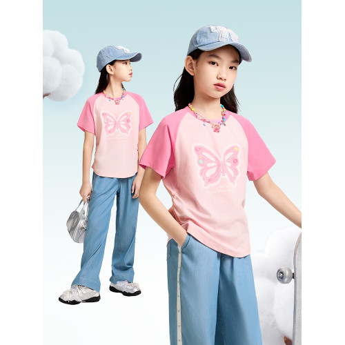 【記憶棉】安奈兒童裝女童圓領短袖T恤2025夏撞色修身蝴蝶甜美