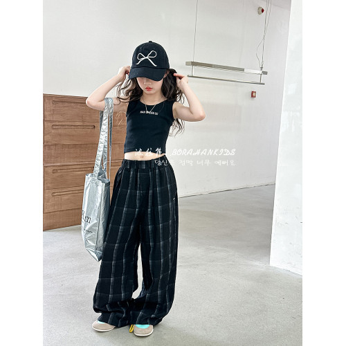 波拉韓女童休閒褲夏季褲子2025新款兒童格子直筒褲中大童防蚊長褲