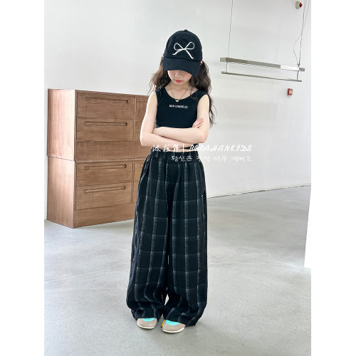 波拉韓女童休閒褲夏季褲子2025新款兒童格子直筒褲中大童防蚊長褲