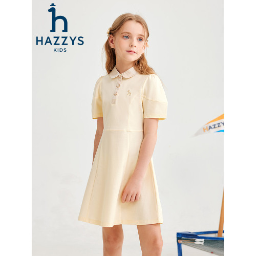 hazzys哈吉斯童裝女童連衣裙2025夏新絲光長絨棉泡泡袖甜美POLO裙