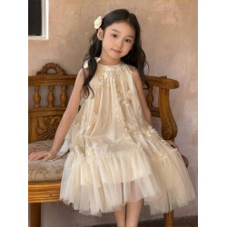 女童網紗刺綉花朵連衣裙兒童洋氣背心蓬蓬裙女孩生日鋼琴表演禮服