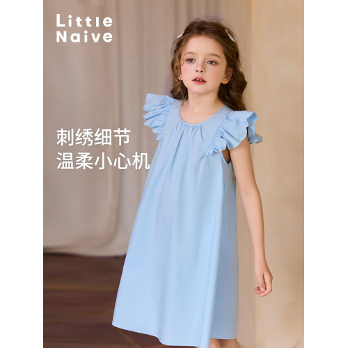 Little Naive兒童連衣裙夏季新款刺綉飛袖純棉裙子女童甜美公主裙