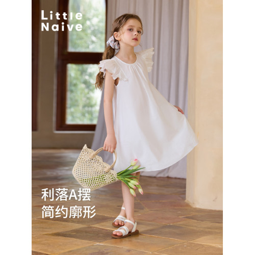 Little Naive兒童連衣裙夏季新款刺綉飛袖純棉裙子女童甜美公主裙