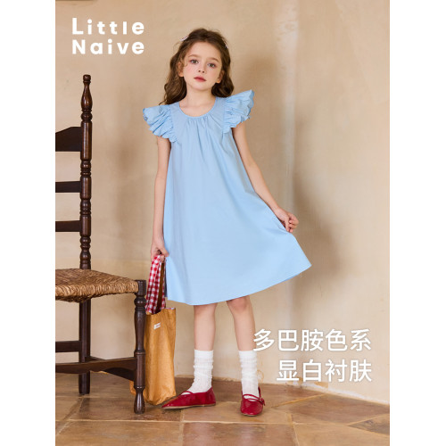 Little Naive兒童連衣裙夏季新款刺綉飛袖純棉裙子女童甜美公主裙