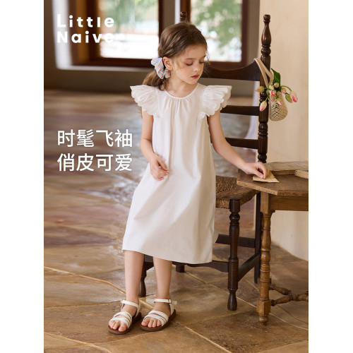 Little Naive兒童連衣裙夏季新款刺綉飛袖純棉裙子女童甜美公主裙