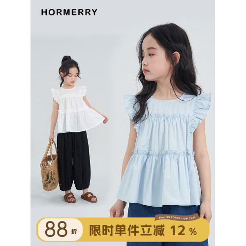 赫米童裝 2025夏季新款女童小飛袖荷葉擺娃娃衫純棉襯衫背心上衣