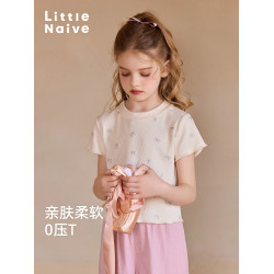 Little Naive女童T恤夏季新款甜美芭蕾風閃閃上衣兒童木耳邊短袖