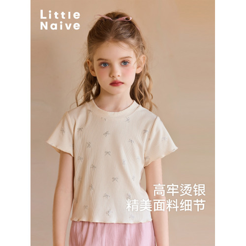 Little Naive女童T恤夏季新款甜美芭蕾風閃閃上衣兒童木耳邊短袖