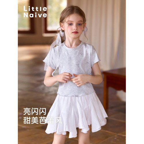 Little Naive女童T恤夏季新款甜美芭蕾風閃閃上衣兒童木耳邊短袖