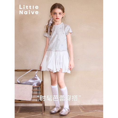 Little Naive女童T恤夏季新款甜美芭蕾風閃閃上衣兒童木耳邊短袖