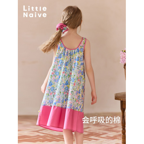 Little Naive女童碎花裙夏季新款拼色度假風背心裙兒童純棉連衣裙