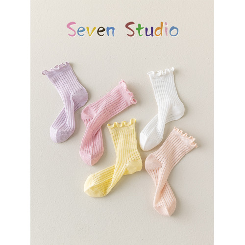 女大童洋氣純色中筒襪小腿襪夏季新款木耳邊透氣百搭襪子