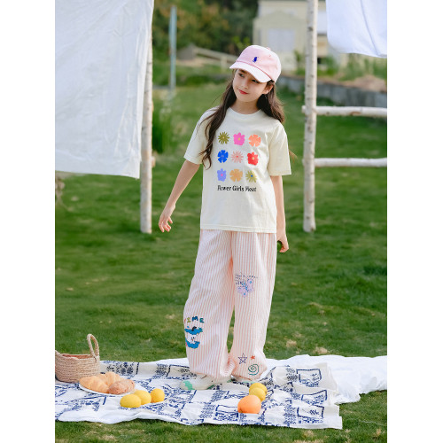 野柿童裝【花花市集】女童短袖t恤夏季兒童寬鬆印花上衣大童半袖