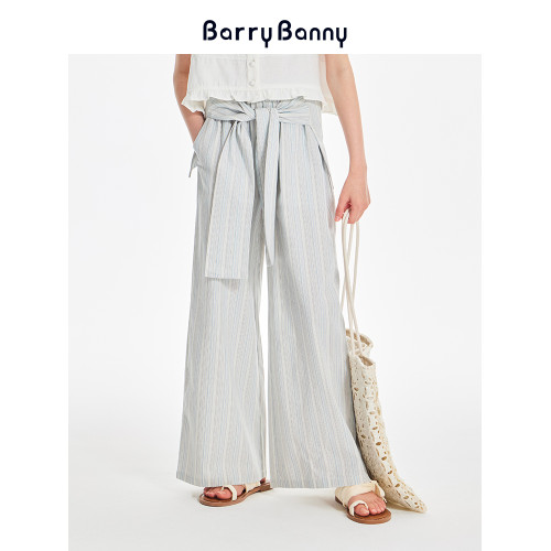 BarryBanny女童條紋濶腿褲夏季2025新款中大兒童薄款寬松直筒褲子