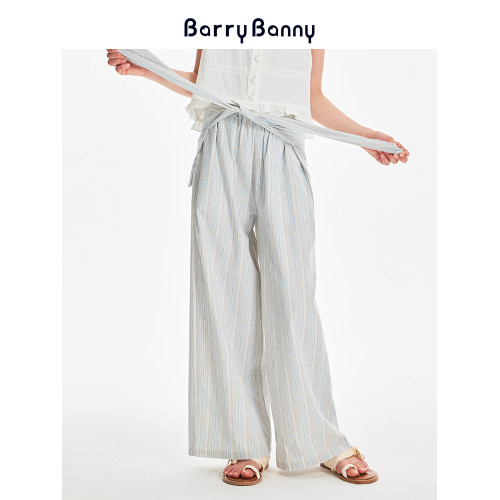 BarryBanny女童條紋濶腿褲夏季2025新款中大兒童薄款寬松直筒褲子
