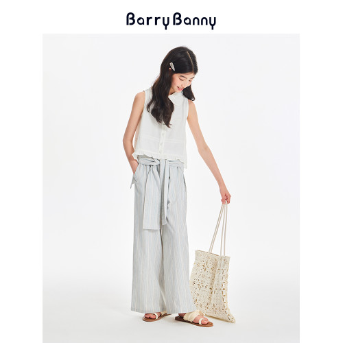 BarryBanny女童條紋濶腿褲夏季2025新款中大兒童薄款寬松直筒褲子