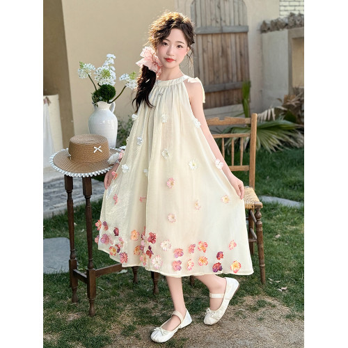 女童掛脖吊帶裙夏季2025新款小女孩洋氣公主裙兒童立體花朵連衣裙