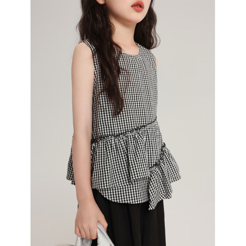 布丁哈魯童裝夏裝女童無袖短袖2026夏新款兒童格紋復古純棉上衣