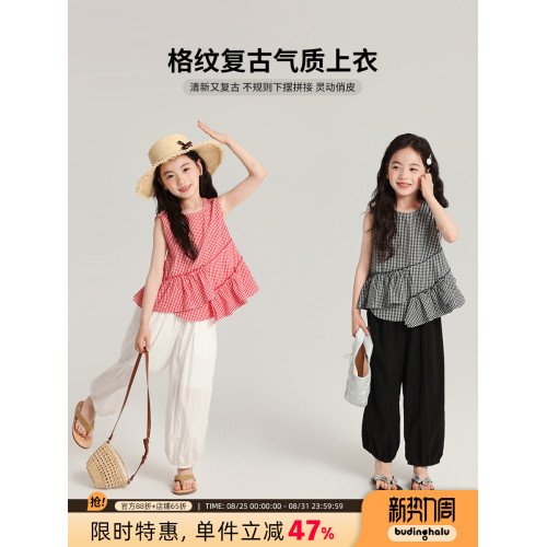 布丁哈魯童裝夏裝女童無袖短袖2026夏新款兒童格紋復古純棉上衣