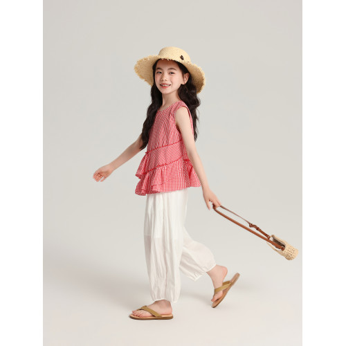 布丁哈魯童裝夏裝女童無袖短袖2026夏新款兒童格紋復古純棉上衣