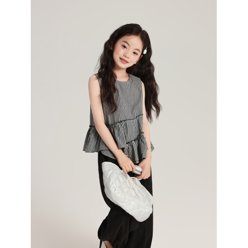 布丁哈魯童裝夏裝女童無袖短袖2026夏新款兒童格紋復古純棉上衣