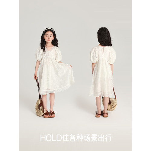布丁哈魯童裝夏裝女童洋氣裙子2025新款兒童蕾絲花邊泡泡袖連衣裙