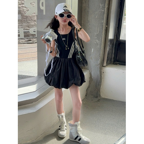 女童連衣裙兒童夏裝花苞裙子女孩2025年洋氣背心裙拉條收腰蓬蓬裙