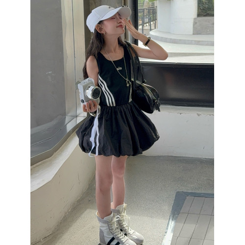女童連衣裙兒童夏裝花苞裙子女孩2025年洋氣背心裙拉條收腰蓬蓬裙