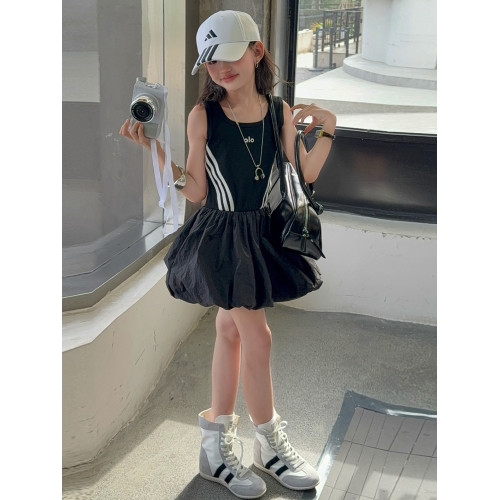女童連衣裙兒童夏裝花苞裙子女孩2025年洋氣背心裙拉條收腰蓬蓬裙