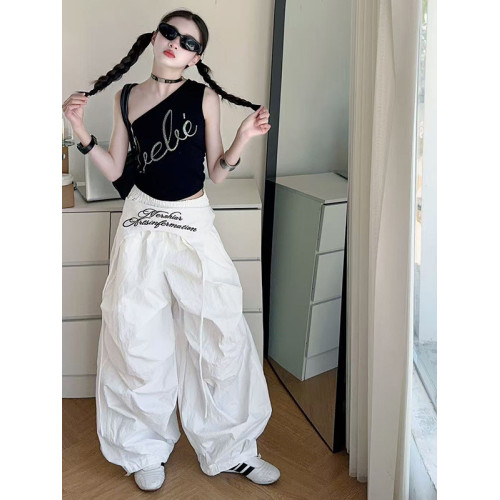 女童夏裝刺綉飄帶腰封工裝褲2025新款大兒童爵士舞街舞白色彎刀褲