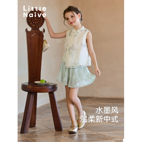 Little Naive兒童新中式T恤夏季新款旗袍領綉花上衣女童刺綉背心