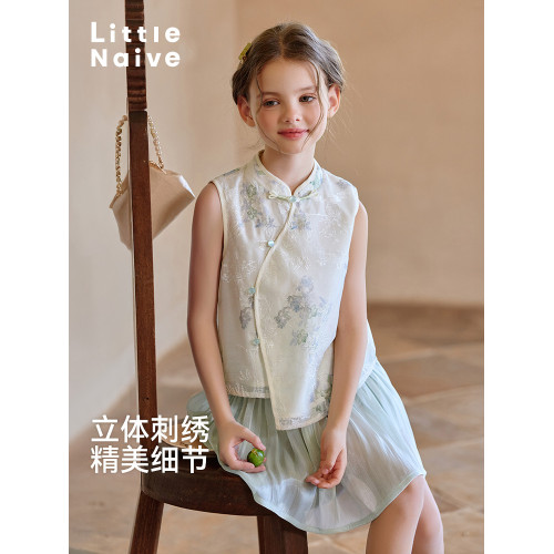 Little Naive兒童新中式T恤夏季新款旗袍領綉花上衣女童刺綉背心