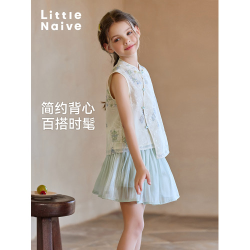 Little Naive兒童新中式T恤夏季新款旗袍領綉花上衣女童刺綉背心