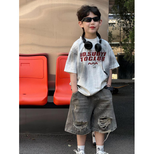 貌貌媽家2025新款夏款男女童洋氣字母美式街頭炒洗短T恤兒童短袖