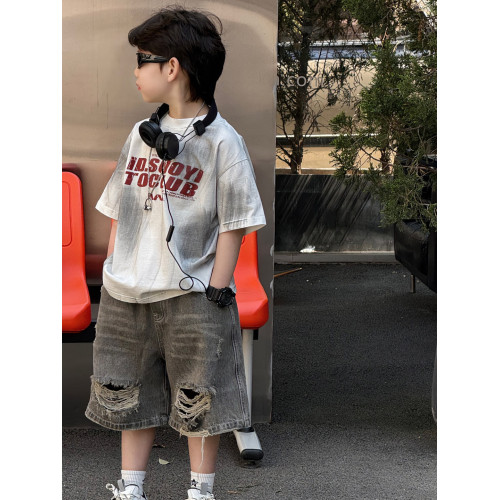 貌貌媽家2025新款夏款男女童洋氣字母美式街頭炒洗短T恤兒童短袖