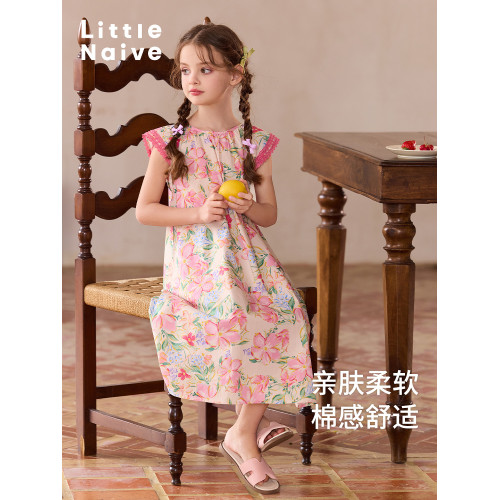 Little Naive兒童連衣裙夏季新款甜美花邊袖裙子女童純棉碎花裙