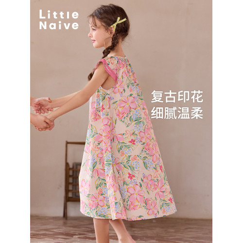 Little Naive兒童連衣裙夏季新款甜美花邊袖裙子女童純棉碎花裙
