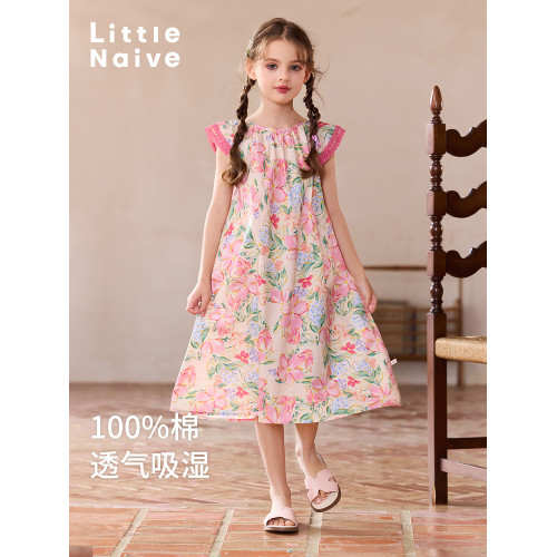 Little Naive兒童連衣裙夏季新款甜美花邊袖裙子女童純棉碎花裙