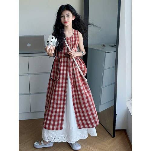 女童連衣裙夏季2025新款女大童韓系曡穿格子裙兒童夏裝慵懶風裙子