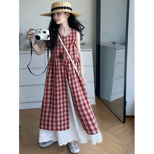 女童連衣裙夏季2025新款女大童韓系曡穿格子裙兒童夏裝慵懶風裙子