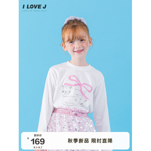 ILOVEJ韓國童裝2025秋季新款女童小貓蝴蝶結純棉長袖T恤/JXFTO04
