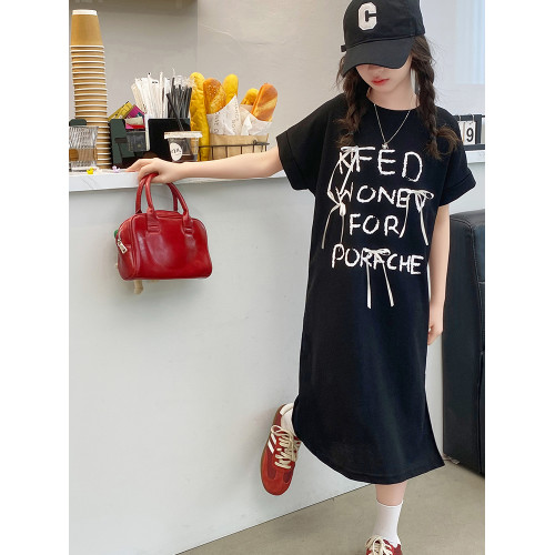 女童夏季連衣裙2025新款兒童字母短袖T恤裙中大童休閒中長款裙子