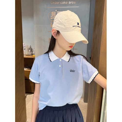 兒童短袖POLO衫女童t恤花邊翻領薄珠地棉有領女孩體恤休閒學院風