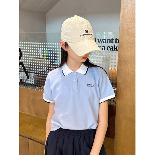 兒童短袖POLO衫女童t恤花邊翻領薄珠地棉有領女孩體恤休閒學院風