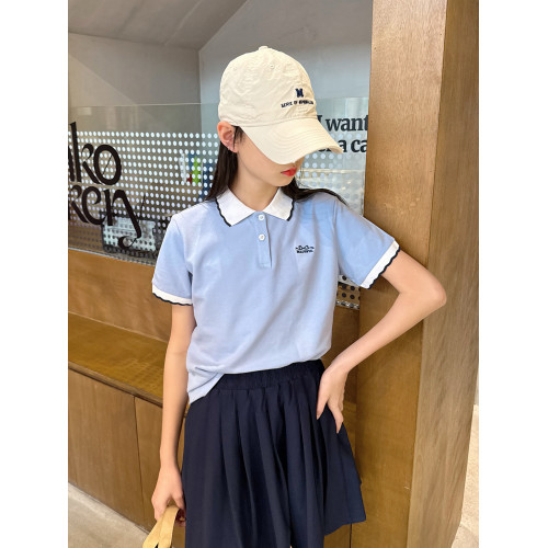 兒童短袖POLO衫女童t恤花邊翻領薄珠地棉有領女孩體恤休閒學院風