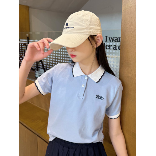 兒童短袖POLO衫女童t恤花邊翻領薄珠地棉有領女孩體恤休閒學院風