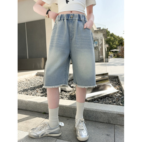 女童牛仔中褲2025新款兒童中大童夏裝薄款百搭洋氣女孩短褲五分褲