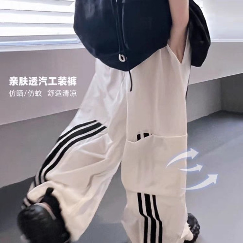 巴啦新品男童褲子美式工裝褲兒童夏季設計多口袋直筒褲中大童寬松